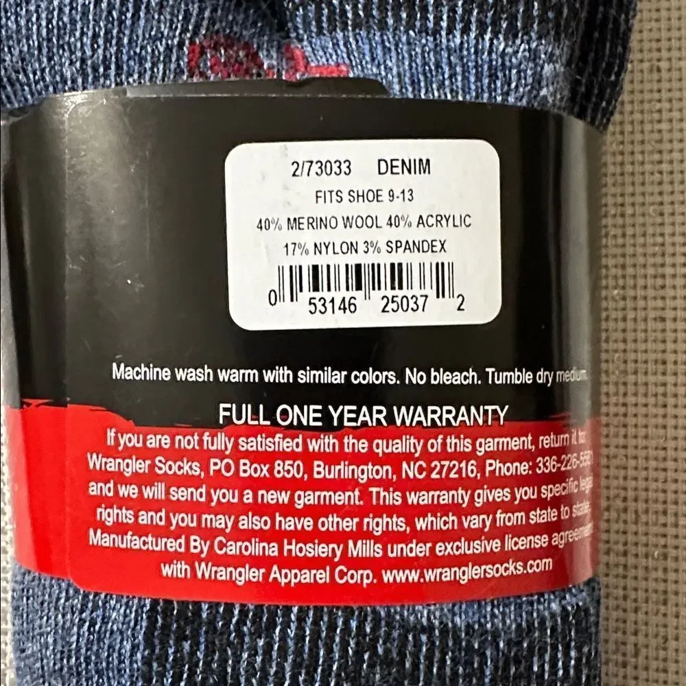 Wrangler L Men’s Denim Blue Merino Wool Blend Knit Crew Work Socks